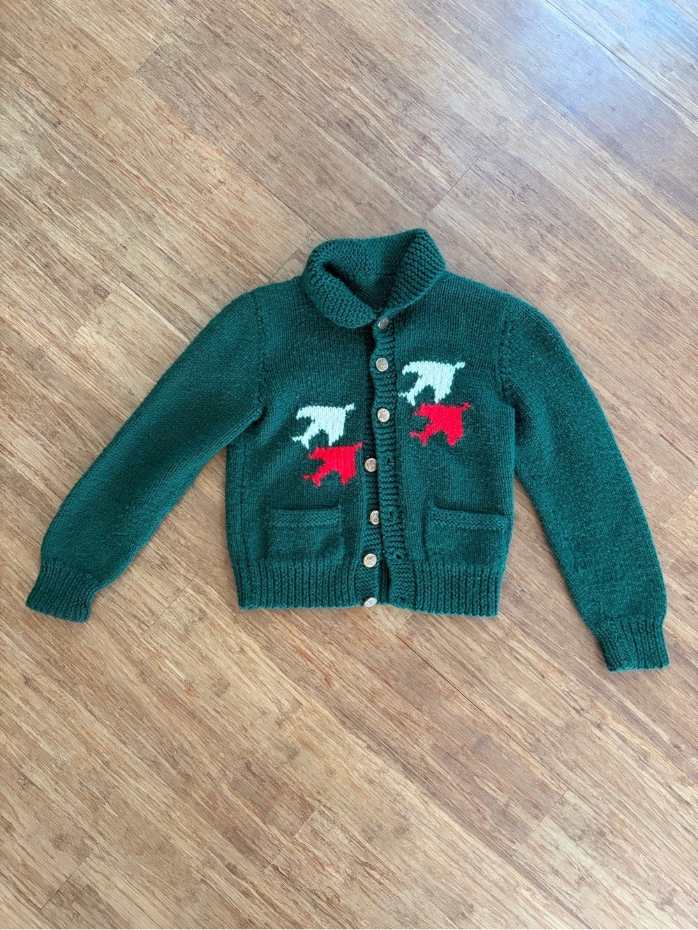 Vintage 70s Hand Knit Kids Cowichan Sweater Airplane Hangar Green Wool Sz 4T 5T
